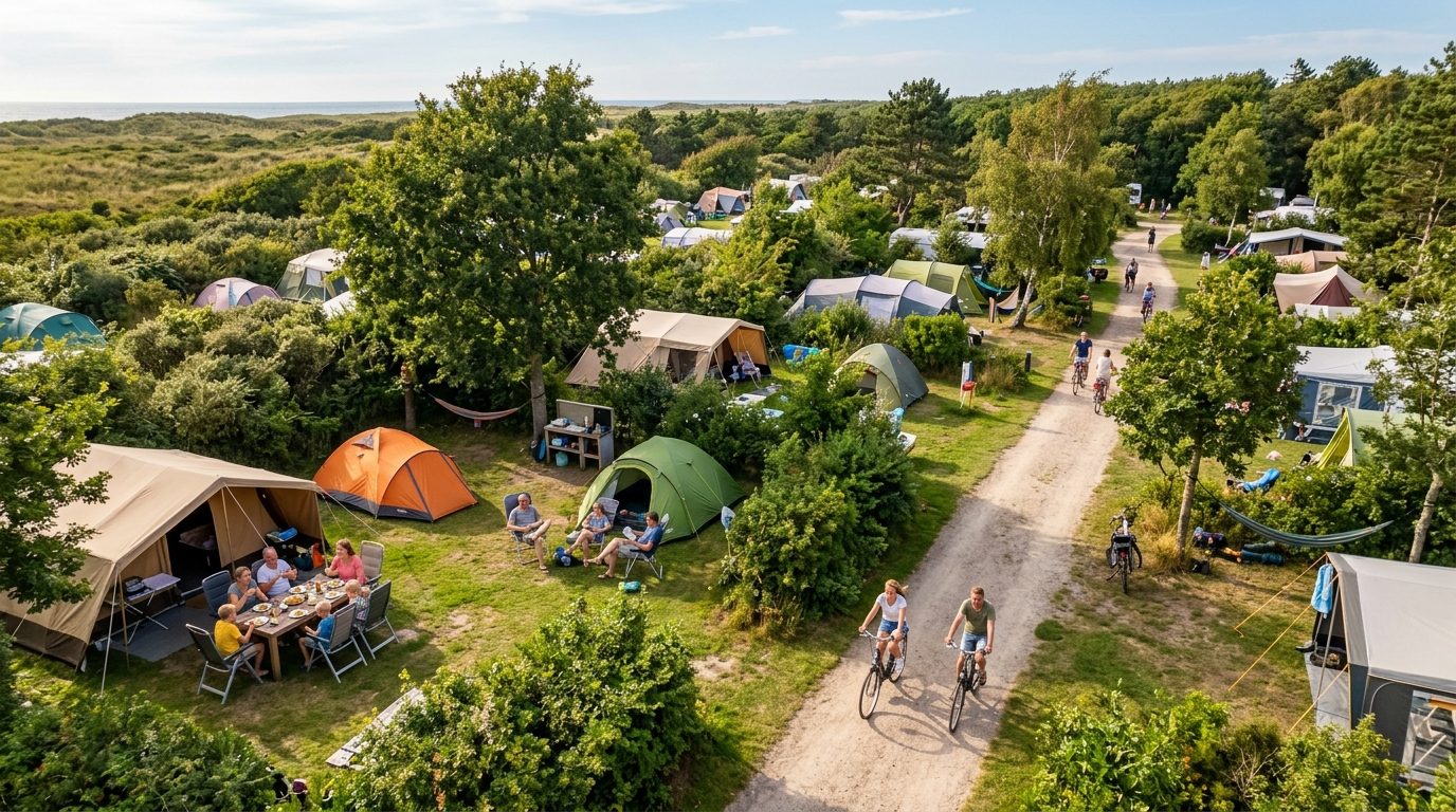 Tenthuisjes op een kampeerterrein tussen de duinrozen.